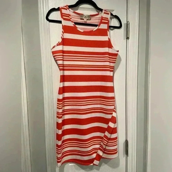 Pink Republic Bodycon Coral White Stripe Sleeveless Wrap Front Dress Size M - Picture 1 of 13